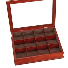 an open wooden box with twelve compartments