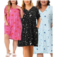 This V-neck nightgown is made of soft and comfortable fabric, with a comfortable and loose fit, suitable for family pajama parties, daily life, going out shopping, midnight, etc. The star and moon designs keep up with fashion trends, so maybe you just need this pajama in your wardrobe. It is also a good choice to give as a gift to your girlfriend, friends, daughter, or mother. Designed specifically for plus-size women and designed to provide comfortable clothing for plus-size girls and hope to p Comfortable V-neck Relaxed Fit Dress, Relaxed Fit V-neck Sleepwear, Summer Nightgown For Pajama Party With Relaxed Fit, Relaxed Fit Summer Nightgown For Pajama Party, Black V-neck Sleepwear For Spring, Casual Short Sleeve Nightgown For Pajama Party, Summer Nightgown With Relaxed Fit, Summer Nightgown With Relaxed Fit For Overnight, Relaxed Fit Nightgown For Summer Nights