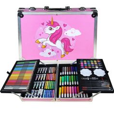 the unicorn art set is packed with markers and crayons