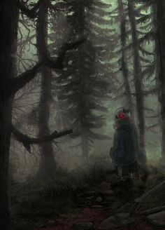 a person standing in the middle of a forest with red eyes and headphones on