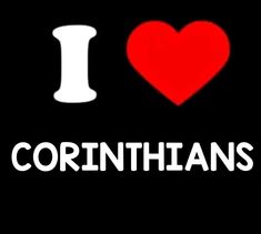 i love corinthians on a black background with white letters and a red heart