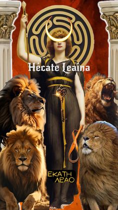 the poster for hecatete leana with lions and an egyptian woman holding a staff