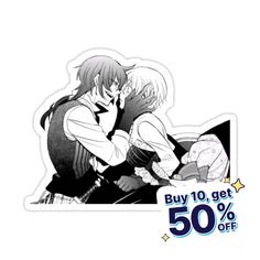 an anime sticker with the image of two people hugging and one is wearing a vest