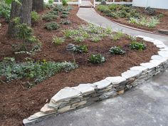 a stone wall in the middle of a garden