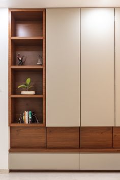 an empty room with some books on the shelves and a plant in front of it