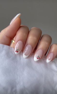 French Tip Nails Cherry, Square Acrylic Designs, Almond Nail French, French Tip Cherry Nails, Minimalistic Nail Designs, Cherry Manicure, Acrylic Nails With Designs, Nails Minimalistic, Nails Back To School