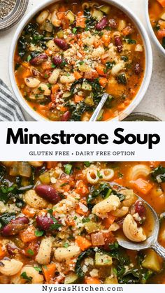 This gluten free minestrone soup features a variety of flavorful and wholesome vegetables like carrots, celery, onions, zucchini, and kale. An Italian inspired recipe with lovely complex layers of flavor thanks to a few dried spices and tomato paste that can be made in less than an hour. It's vegetarian (and vegan if you use a vegan parmesan) but can also be made with sausage if you'd like. A delightfully cozy recipe to make during the colder months of the year! Minestrone Soup Low Carb, Gf Dairy Free Soup Recipes, Mediterranean Diet Minestrone Soup, Minestrone Soup With Cabbage, Minestrone Soup Recipe Italian, Vegan Gluten Free Soup, Gluten Free Minestrone Soup, Gluten Free Minestrone, Vegan Soups And Stews