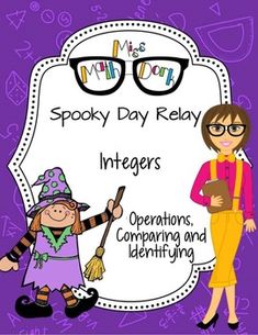 two girls dressed as witches and one is holding a broom with the words spooky day relay basic fact