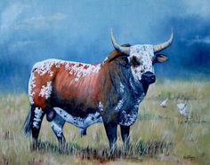 a painting of a longhorn bull standing in a field with birds flying around it