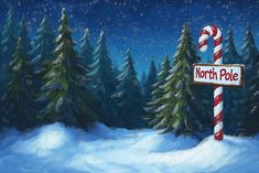 a painting of a candy cane sign in the middle of a snow covered forest with trees