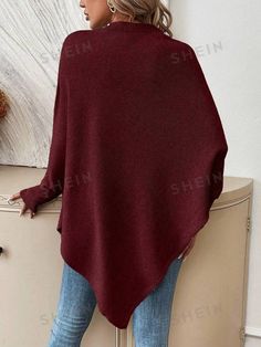 Sleeve Type:Batwing Sleeve \nStyle:Casual \nDetails:Asymmetrical \nHem Shaped:Asymmetrical \nType:Poncho \nNeckline:Round Neck \nColor:Burgundy \nPattern Type:Floral \nSleeve Length:Long Sleeve \nLength:Long \nTemperature:Late Fall (10-17℃/50-63℉) \nFit Type:Loose \nFabric:Slight Stretch \nMaterial:Knitwear \nComposition:100% Polyester \nCare Instructions:Machine wash or professional dry clean \nSheer:No \n Late Fall, Women Sweaters, Poncho Sweater, Asymmetrical Hem, Batwing Sleeve, Bat Wings, Asymmetric Hem, Sleeve Type, Floral Pattern