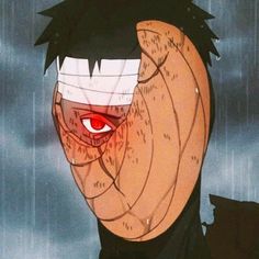 an anime character with red eyes and black hair, standing in the rain under a cloudy sky