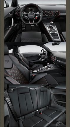 the interior of a car with black leather and red stitching