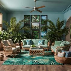 a living room filled with lots of furniture next to palm trees and potted plants