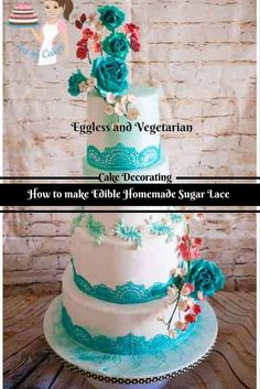 a three tiered cake with blue flowers on top and the words, eggless and vegetarian