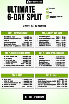 the ultimate six day split workout plan is shown in green and white, with instructions for each