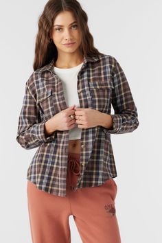 Always classic flannel shirt that has a front button design, allover plaid print and super soft feel. O'Neill Women's flannel shirt 27.5" In length Relaxed fit Brushed cotton flannel Front button closure with collar 100% Cotton brushed flannel Plaid Flannel Top With Button Closure, Plaid Cotton Shacket With Button Closure, Casual Plaid Cotton Shacket, Brown Button Closure Flannel Shirt, Plaid Cotton Flannel Shirt For Fall, Cotton Flannel Shirt With Button Closure For Fall, Brown Flannel Shirt With Button Closure, Collared Cotton Flannel Shirt For Fall, Relaxed Fit Collared Flannel Shirt