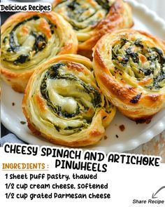 an advertisement for cheese spinach and artichoke pinwheels on a plate