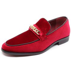 Platform Measures Approximately .25" Velvet Fabric Upper , Gold Chain Buckle , Rubber Sole Available In Black, Red , Blue And Purple Easy On And Off Loafer Style , Luxury And Classic Design Elegant And Rich Style For Business , Wedding , Party Or Every Day Casual Wearing Red Round Toe Loafers For Party, Red Pointed Toe Loafers For Party, Red Closed Toe Formal Loafers, Red Fitted Slip-on Dress Shoes, Red Pointed Toe Loafers For Galas, Red Semi-formal Dress Shoes With Round Toe, Red Slip-on Oxfords For Formal Occasions, Red Round Toe Loafers For Semi-formal Occasions, Luxury Red Formal Loafers