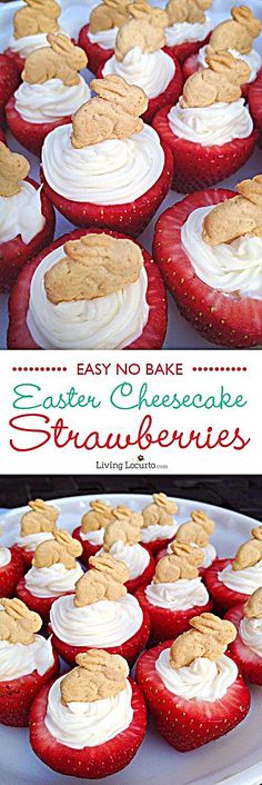 some red and white cupcakes are on a plate with the words easy no bake easter cheesecake strawberries