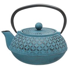 a blue teapot with a black handle is shown on a white background and has an intricate design