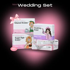 three packages of wedding set with cartoon characters on them and pink ribbon around the package