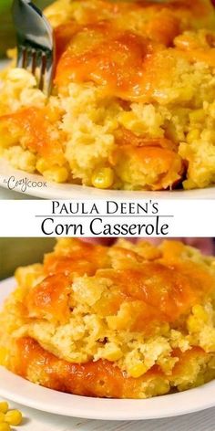 two pictures of corn casserole on a white plate with a fork in it