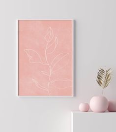 a pink wall with a plant and vase on the shelf next to it, in front of a white wall