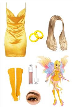 a yellow dress and accessories are arranged in the shape of a fairy with long blonde hair