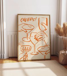 Transform your space into a lively and stylish atmosphere with our "Cheers!" art print. Featuring a chic and minimalist illustration of hands raising celebratory drinks in vibrant orange strokes, this design exudes joy, sophistication, and celebration. Perfect for adding personality to kitchens, dining areas, living rooms, or even bars, this artwork creates a warm and inviting vibe. You will receive six high-resolution individual-size ratioed JPGs and PDF files that are ready to be printed in the following sizes: ISO (International paper size) for printing: A5 | A4 | A3 | A2 | A1 ∙ INCHES: 6 x 8 inch | 8. x 12 inch | 12 x 1 inch | 16 x 23 inch | 23 x 33 inch ∙ CM: 14.8 x 21 cm | 21 x 29.7 cm | 29.7 x 42 cm | 42 x 59.4 cm | 59.4 x 84.1 cm 3x4 ratio for printing: ∙ INCHES: 9 x 12 inch | 12 x Cheers Wall Art, Dining Room Prints, Cheers Poster, Orange Artwork, Orange Kitchen Decor, Orange Office, Cheer Posters, Art Cocktail, Wine Wall Art