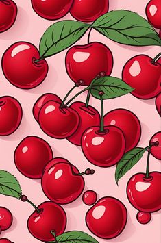 a pink background with red cherries and green leaves on the top right corner is an illustration of cherry's