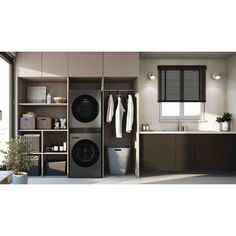 a washer and dryer in a room next to a window with blinds on the windowsill