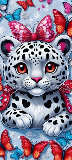 a white leopard with red and blue butterflies on it's head, surrounded by butterflies