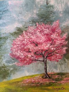 a painting of a tree with pink flowers