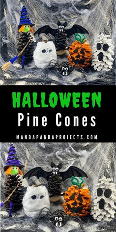 halloween pine cones are decorated with skulls and pumpkins