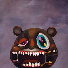 a painting of a brown bear with big eyes and fangs on it's face