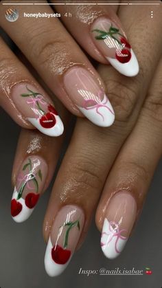 Cute Girly Nail Designs, Designs On Almond Nails, Italian Nail Art, Gel X Nail Designs 2024, Winter Floral Nails, Pinup Nails, Girly Pink Nails, Nails With Cherry, Flower Design Nails