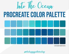 the color palette is shown in shades of blue, green and white with text that reads into