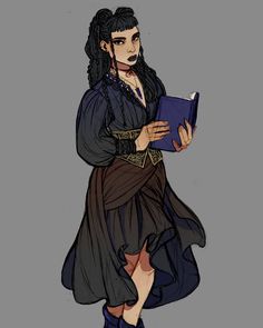 a drawing of a woman with long black hair holding a book and looking at the camera