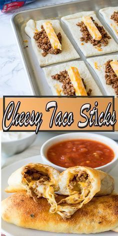 cheesey tacos sticks with chili sauce on the side and in a baking pan