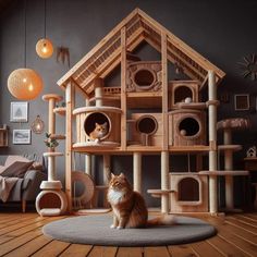 a cat sitting on the floor in front of a wooden house with several cats inside