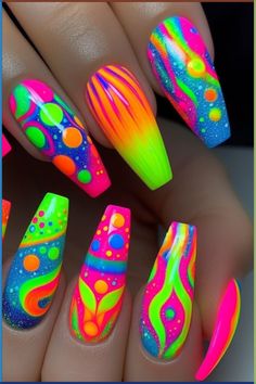 Neon Beach Nails Bright Colors, 90s Neon Nails, Neon Nails Designs Summer 2024, Fun Neon Nails, Bold Nail Designs, Lexi Nails, Spring Sets, Fluorescent Nails, Hollywood Nails