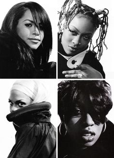 four black and white photos of women with different hair styles, including one wearing a scarf