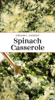 spinach casserole in a white bowl with a wooden spoon on the side