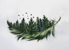 a green feather with trees and birds flying in the sky above it on a cloudy day