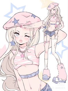 a drawing of a girl with long blonde hair wearing a pink hat and blue shorts