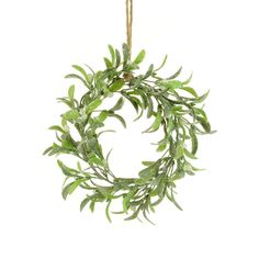 a green wreath hanging from a rope