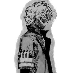 a black and white drawing of a man with blonde hair wearing a jacket, standing in front of a wall