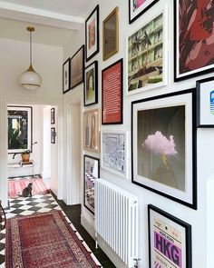 a hallway with many framed pictures on the wall and a rug in front of it