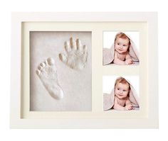 a baby's hand and foot prints in a white frame